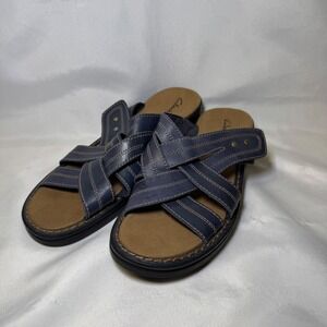 Clarks Women's Navy Blue Leather Strappy Slide Sandals Low Wedge Size 11M